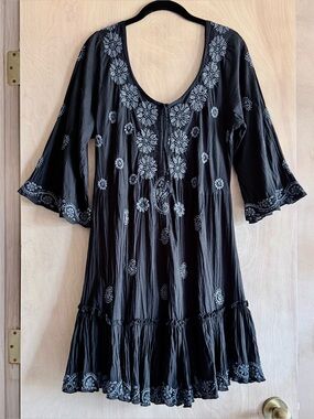 Trade Cloth Embroidered Peasant Dress Black Blue Boho Cotton Women’s XL Tunic